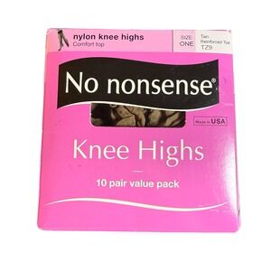 No Nonsense Nylon Knee Highs 10 Pair Value Pack Tan Reinforced Toe TZ9 One Size
